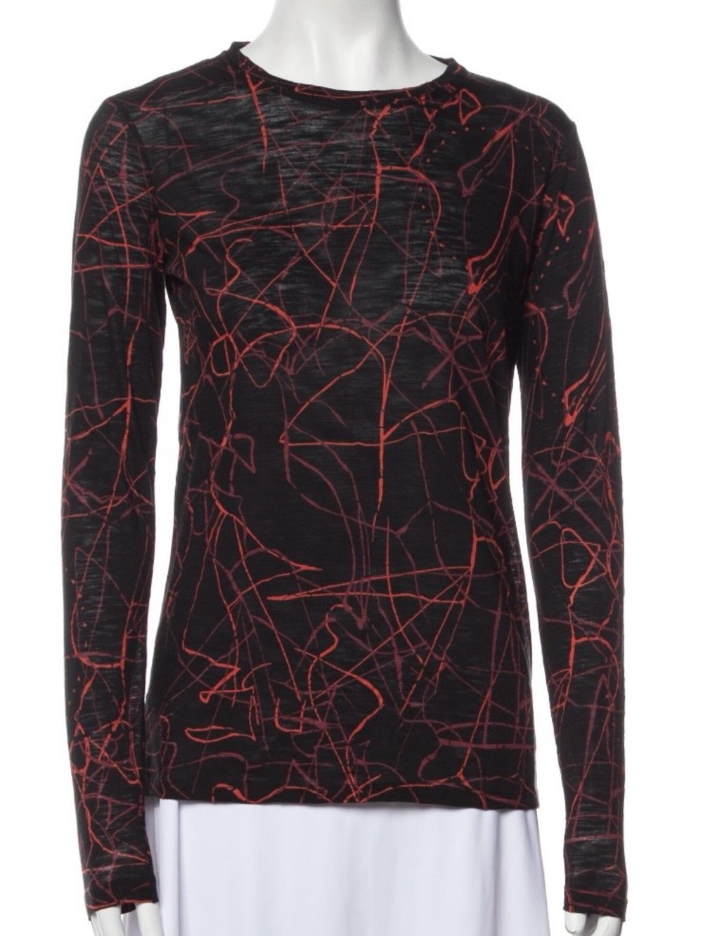 Proenza Schouler Black Long-Sleeve Crewneck Top with Red Abstract Scribble Print